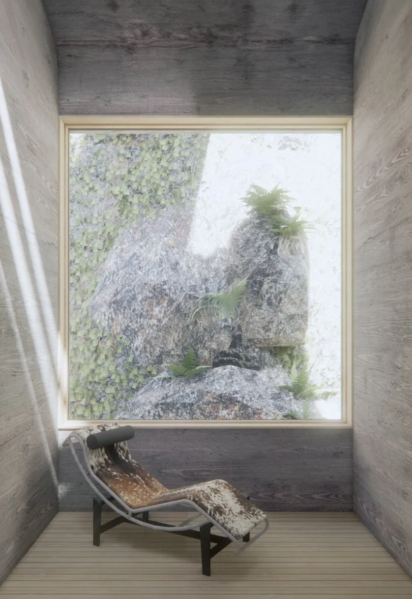A small, modern room with wooden walls and light-colored flooring, furnished with a lounge chair covered in faux fur and positioned next to a large window overlooking a rocky, plant-filled outdoor scene.