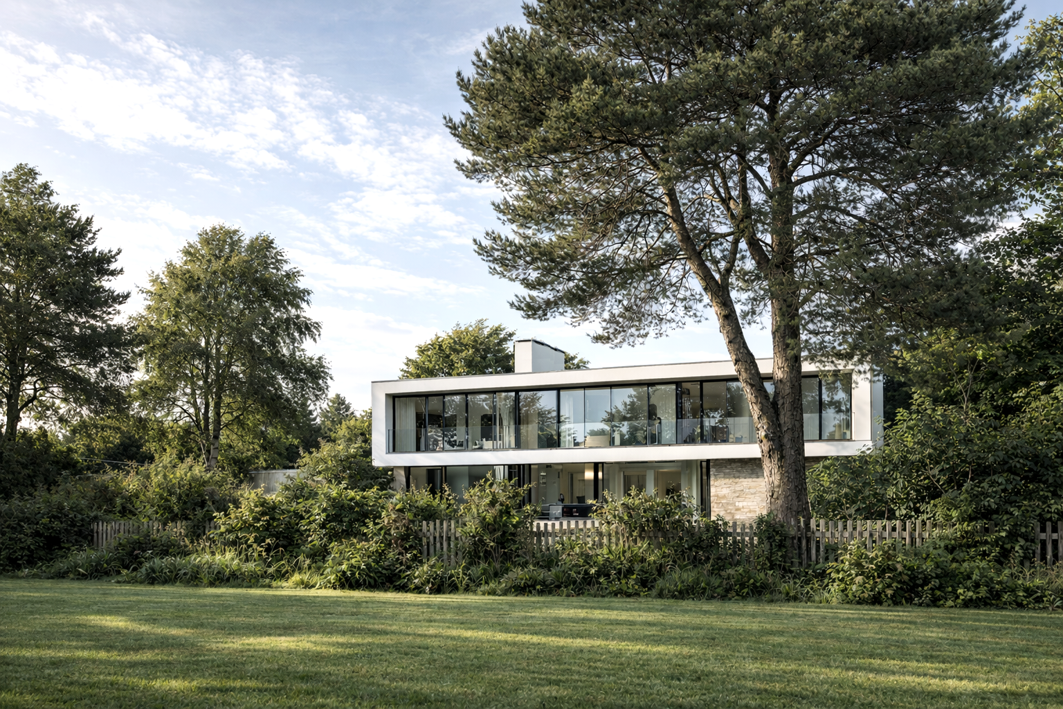 Modern two-story house with large glass windows, surrounded by trees and greenery, with a grassy lawn in the foreground.