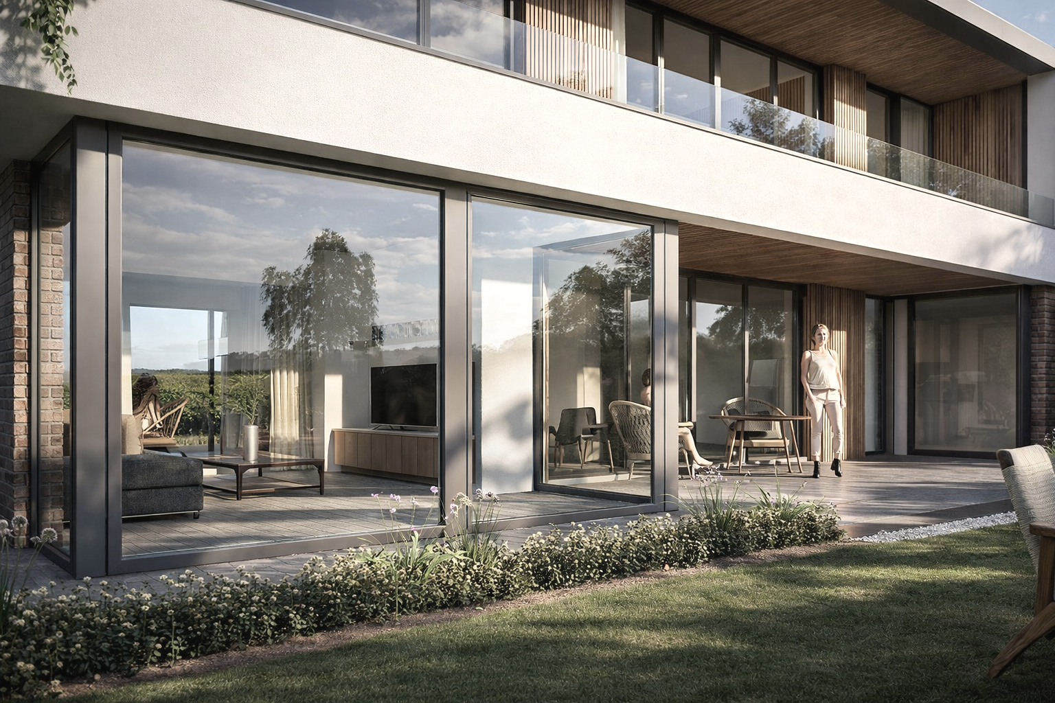 Modern house exterior with large glass windows/doors, patio area with a woman walking, garden with flowers, and trees in the background.