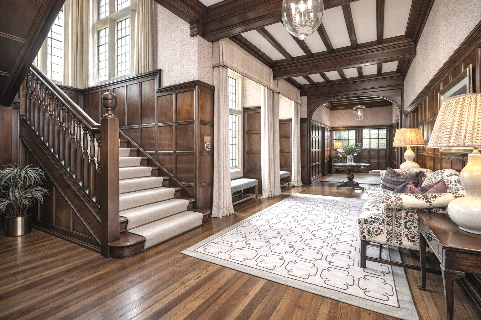 A spacious living room with dark wood paneling, high ceilings, large windows with cream curtains, a staircase with beige carpet, a white patterned area rug, a floral sofa with pillows, lamps, and a round wooden table with flowers.