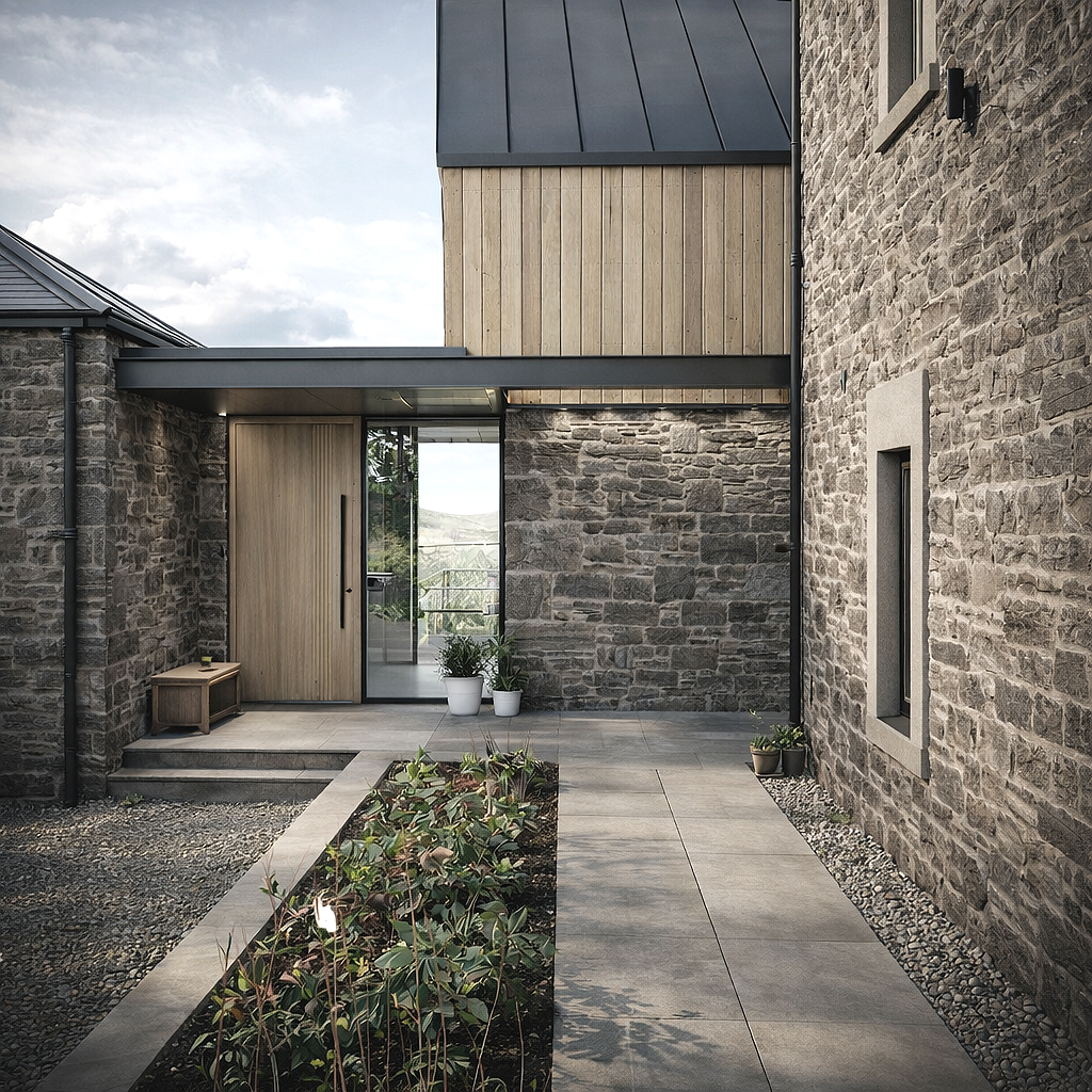 modern farmhouse with stone and timber