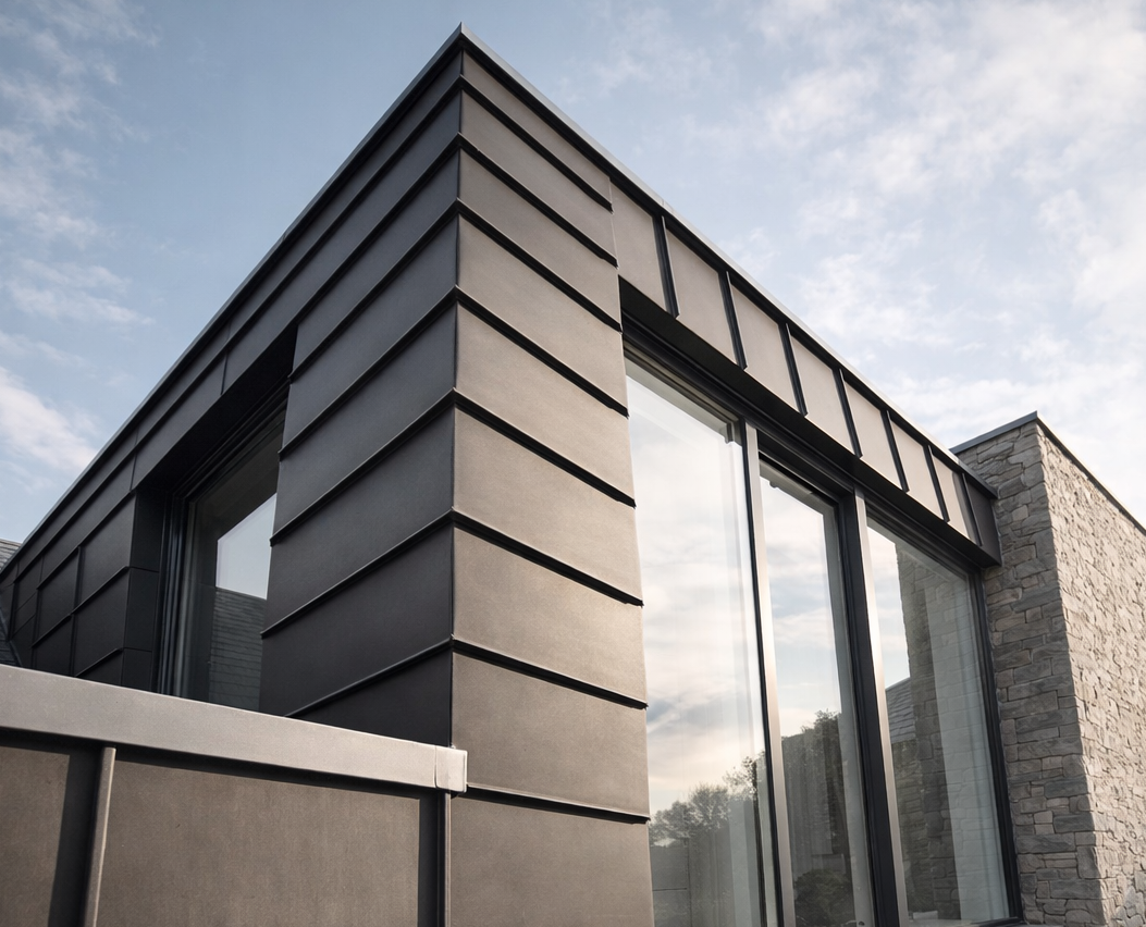 Modern building exterior with dark metal siding, large glass windows, and stone wall section, under a cloudy sky.