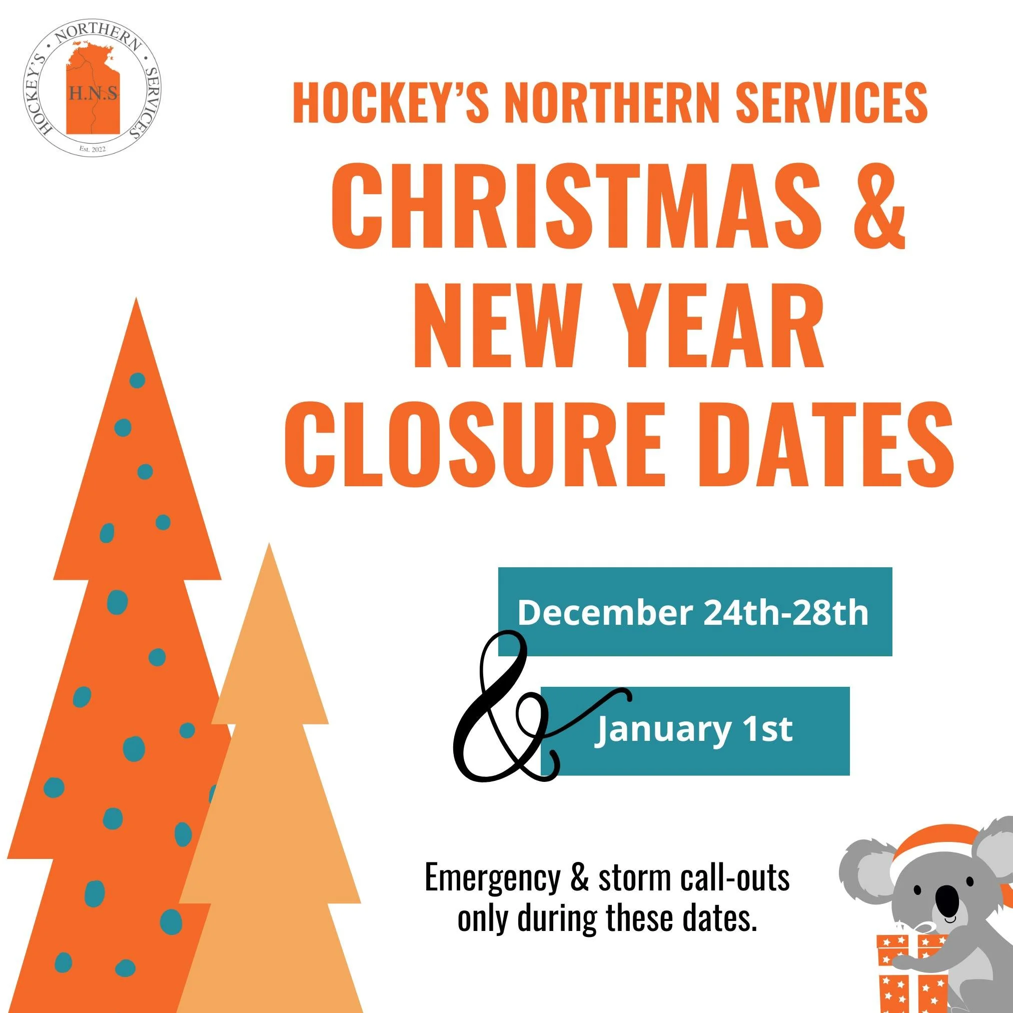 🎄✨ HNS Christmas &amp; New Year Closure Dates ✨🎄

Our crew will be taking a well-earned break from Dec 24th&ndash;28th, returning briefly, then closed again on Jan 1st. Staff will be available for emergency &amp; storm call-outs only during these d