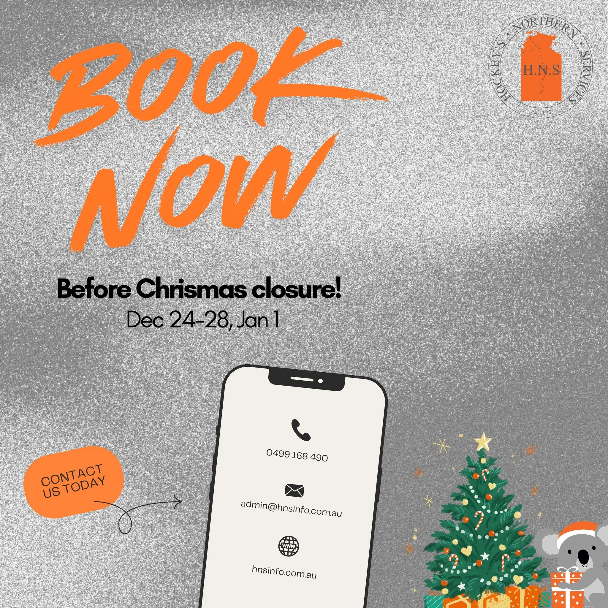 🎄✨ REMINDER: BOOK NOW! HNS Christmas &amp; New Year Closure ✨🎄

Our crew will be taking a well-earned break from Dec 24th&ndash;28th, returning briefly, then closed again on Jan 1st. Staff will be available for emergency &amp; storm call-outs only 