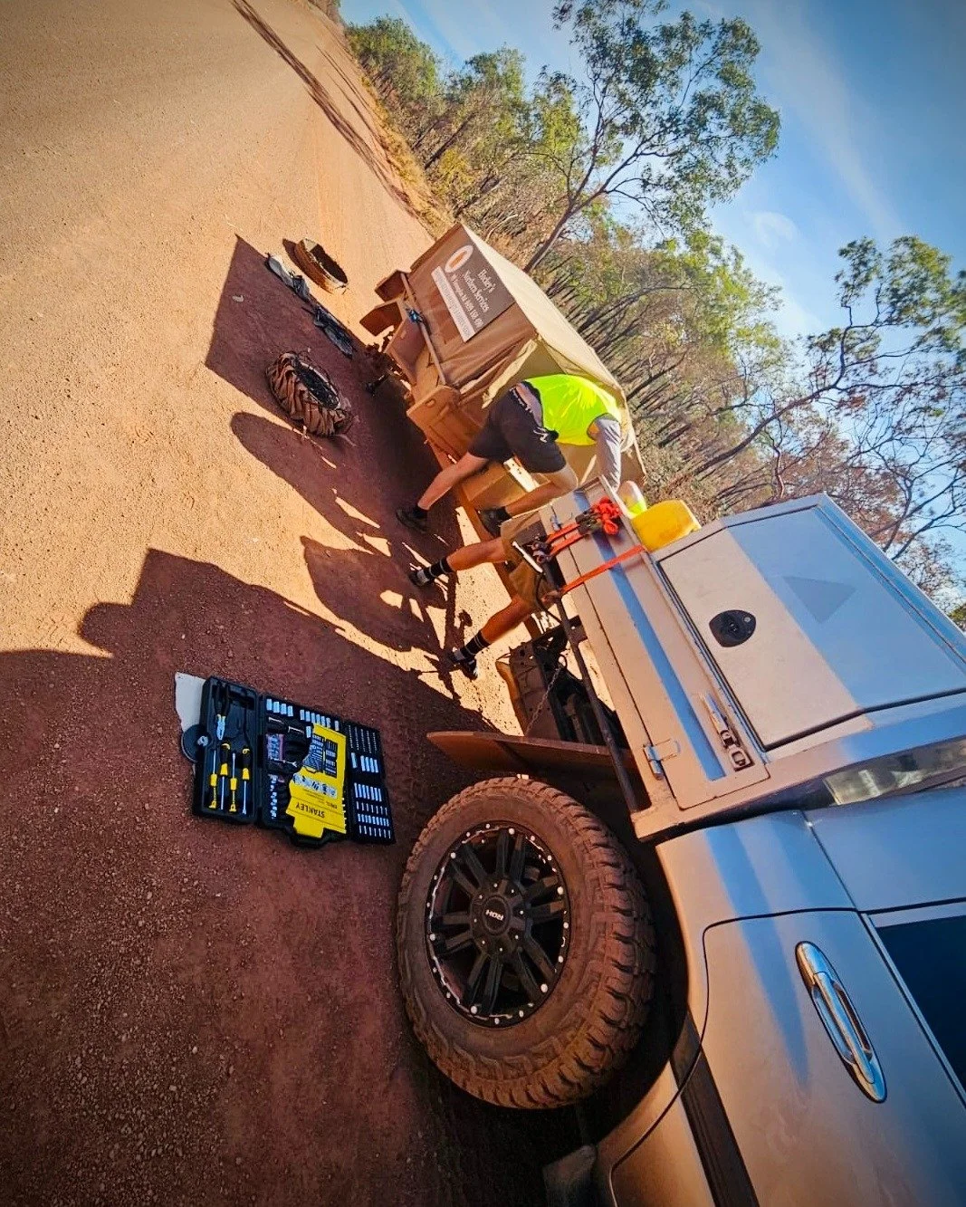 Just another day on the job. 💥🚛

A bit of an inconvenience on a hot day on the road out to Bulman, but the boys weren&rsquo;t about to let a flat tyre on one of our trailers stop the work getting done.🔧

A quick change and back on the road! Well d