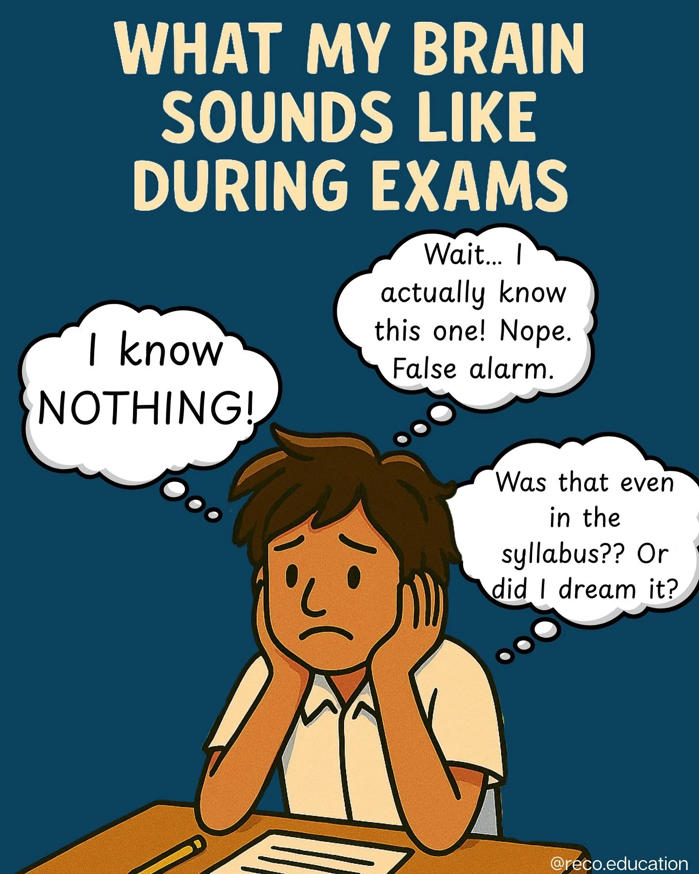 What&rsquo;s going on inside our heads during exams! 😭
A mix of panic, delusion, random facts, and full-on escape plans!

What&rsquo;s going on in your brain during exam? Tag your exam buddy👇

.
.
.

#RECOEducation #StudentVoices #ExamSeason #Relat