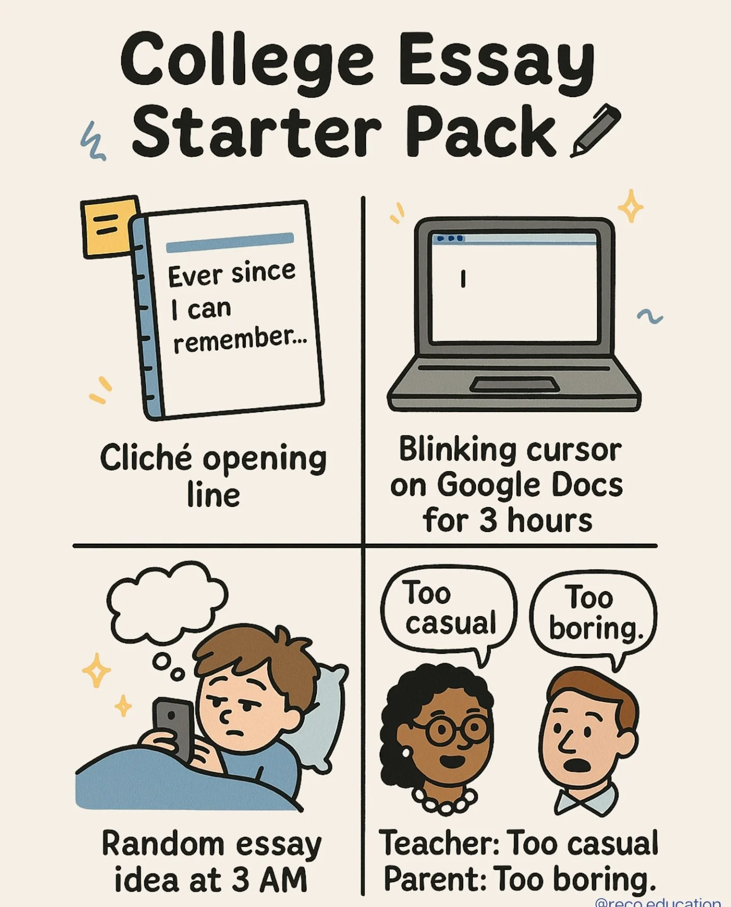 College essays usually start with clich&eacute; lines and a blank Google Doc that stares back for hours. It can feel like a never-ending struggle.

But here&rsquo;s the thing, almost everyone starts like this. Once you push through the messy beginnin