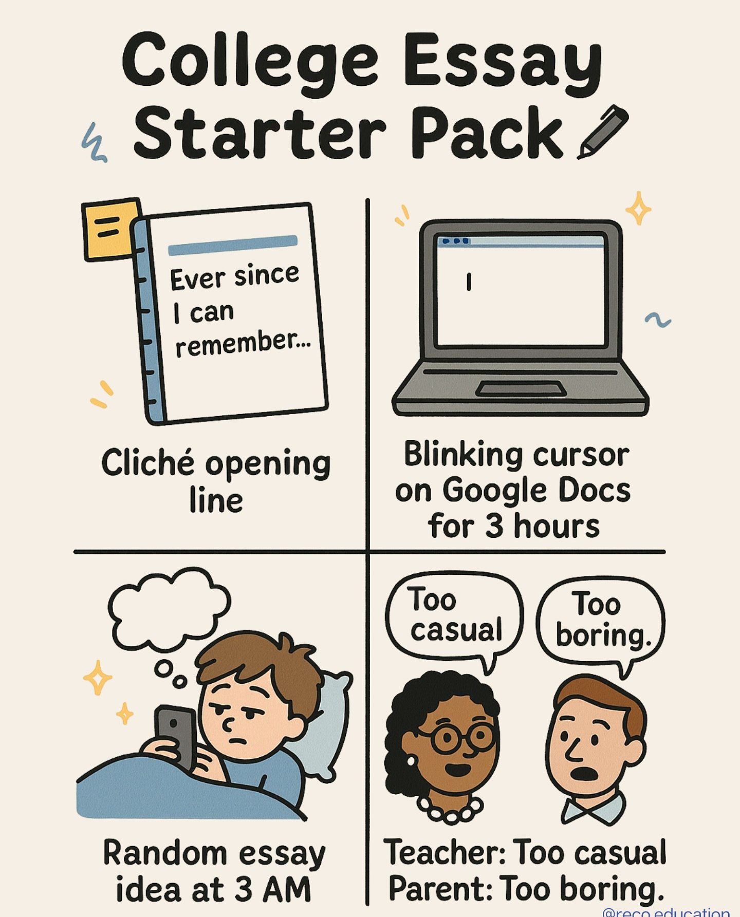 College essays usually start with clich&eacute; lines and a blank Google Doc that stares back for hours. It can feel like a never-ending struggle.

But here&rsquo;s the thing, almost everyone starts like this. Once you push through the messy beginnin