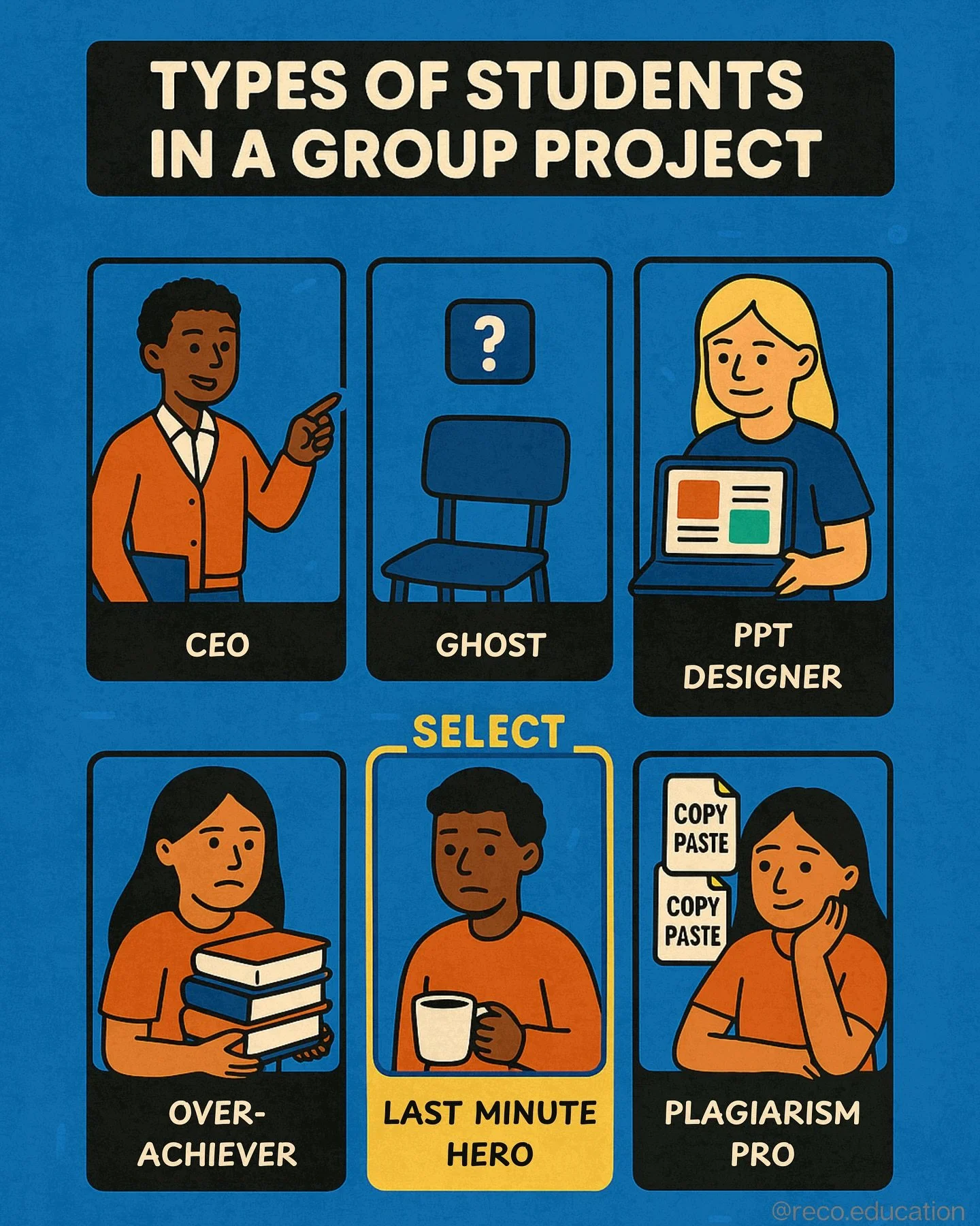 Choose your player&hellip;

From the CEO to the Last-Minute Hero, every group project has these characters.

💬 Which one are you? Tag your squad and settle it once and for all 👇

#RECOEducation #TypesOfStudents #GroupProjectLife #SchoolLife #Choose