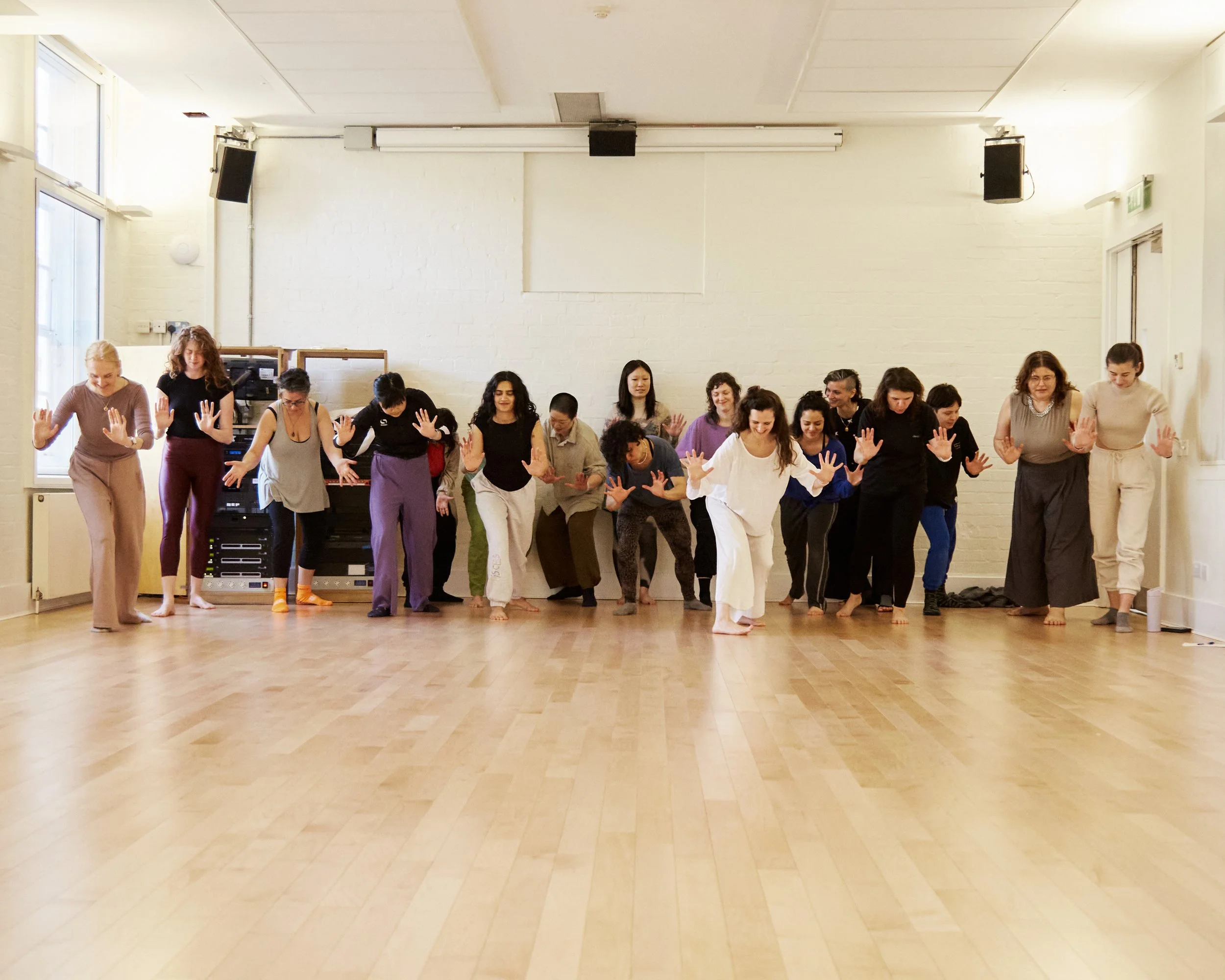 Une formatrice guide un groupe de danseuses à travers des outils d'analyse de mouvement.