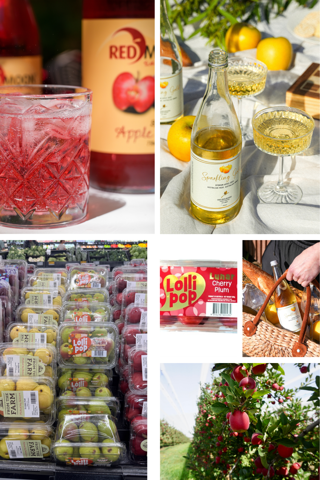 An assortment of apple and cherry plum fruits, a bottle of sparkling apple juice, apple orchards, and pre-packaged apples with an apple drink, depicting apple farming and fruit products.