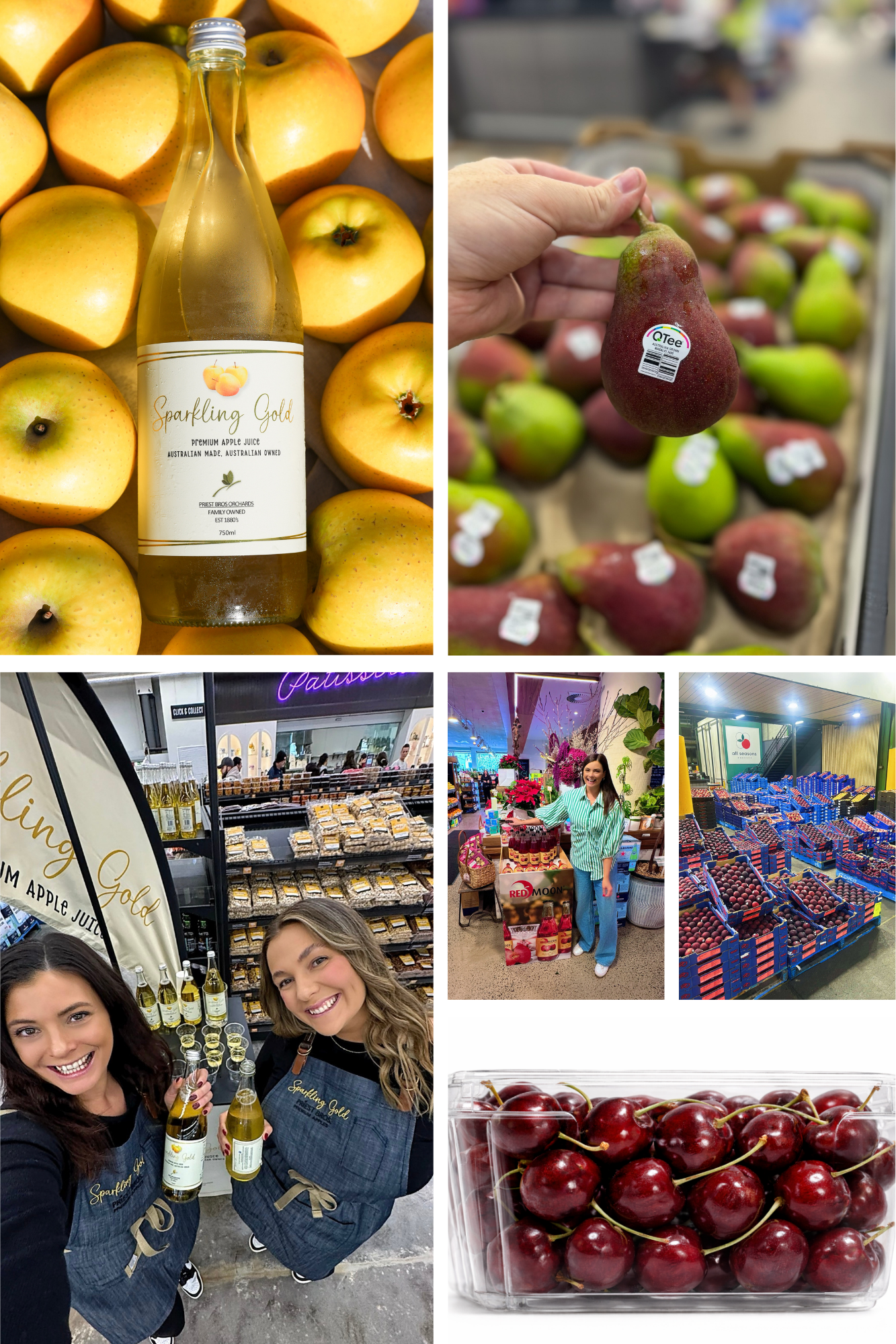 A collage of images showing apples, apple juice, a person holding a pear at a produce store, women with bottles of apple juice at a market, a woman selling fruit, a display of cherries, and a container of cherries.