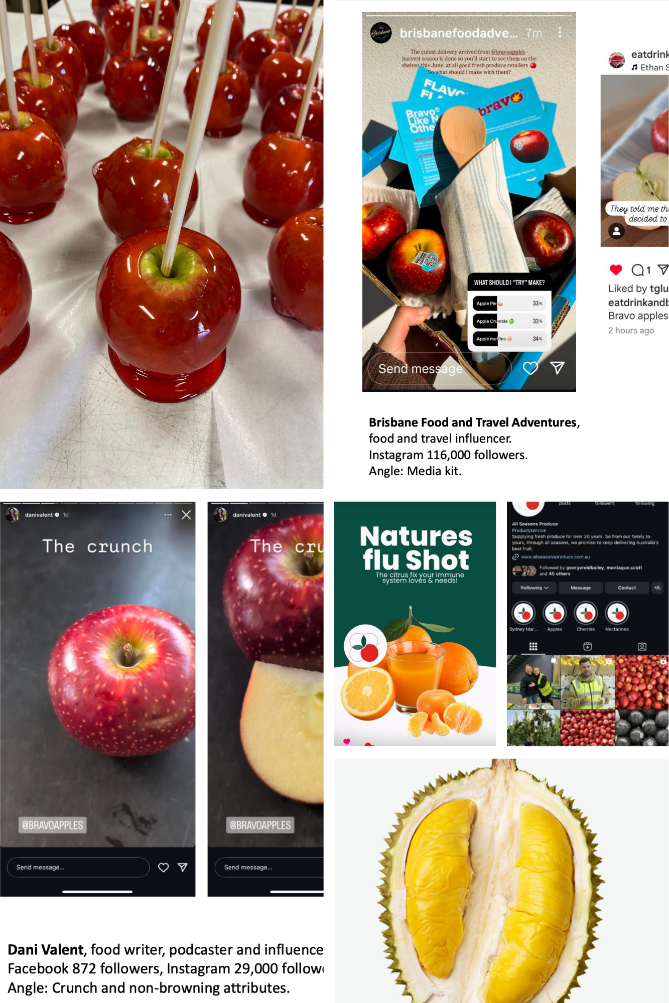 A collage of various apples, apple products, and related content. The collage includes red caramel apples on sticks, a box of fresh apples with a small wooden spoon and informational cards, a close-up of a red apple with a bite taken out, promotional images for citrus and durian fruits, and social media posts from food influencers about apples and fruit benefits.