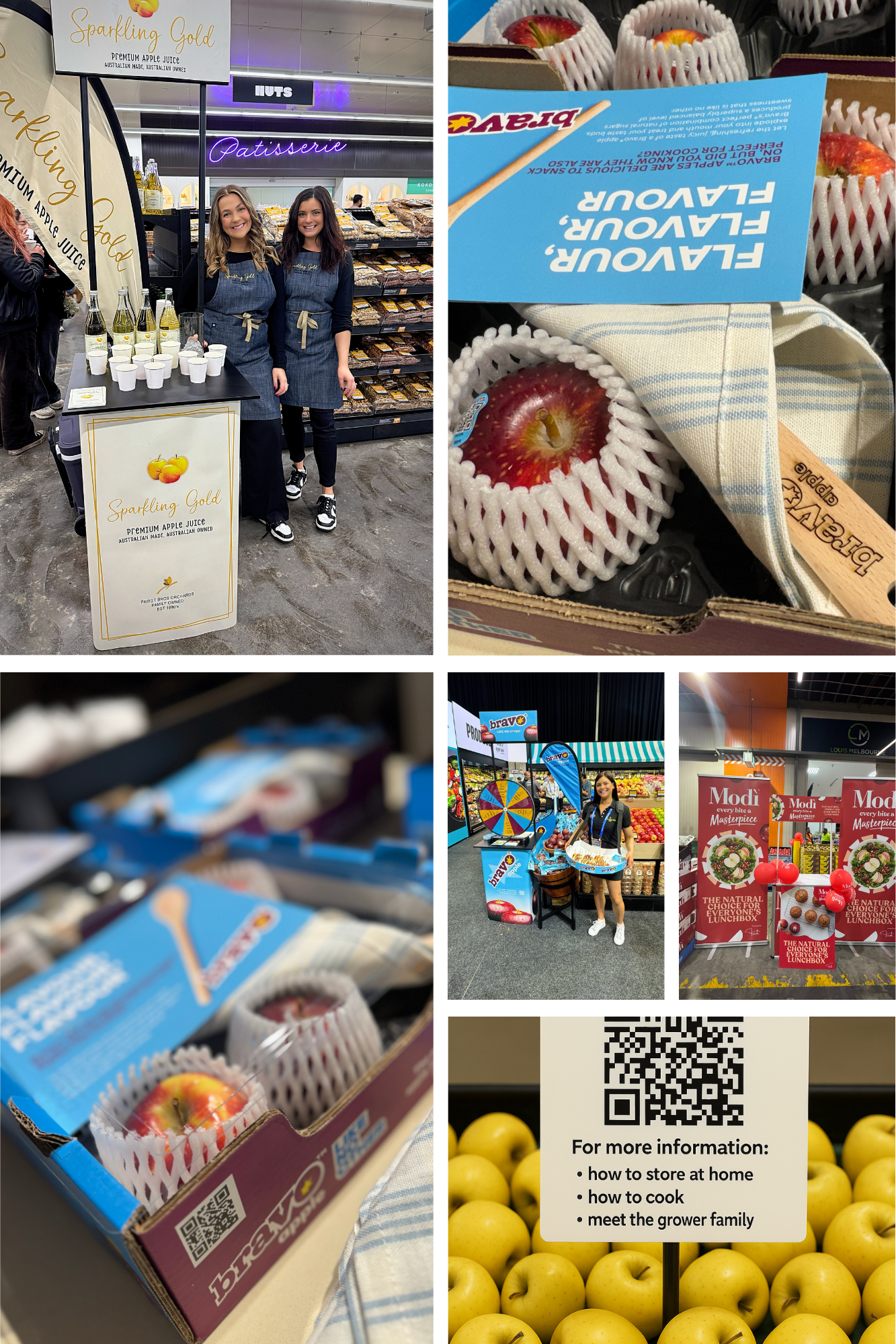 People selling sparkling gold apple juice at a market, with apples wrapped in white protective netting, a spinning wheel game, and promotional displays for apple products, all inside a grocery store or market.