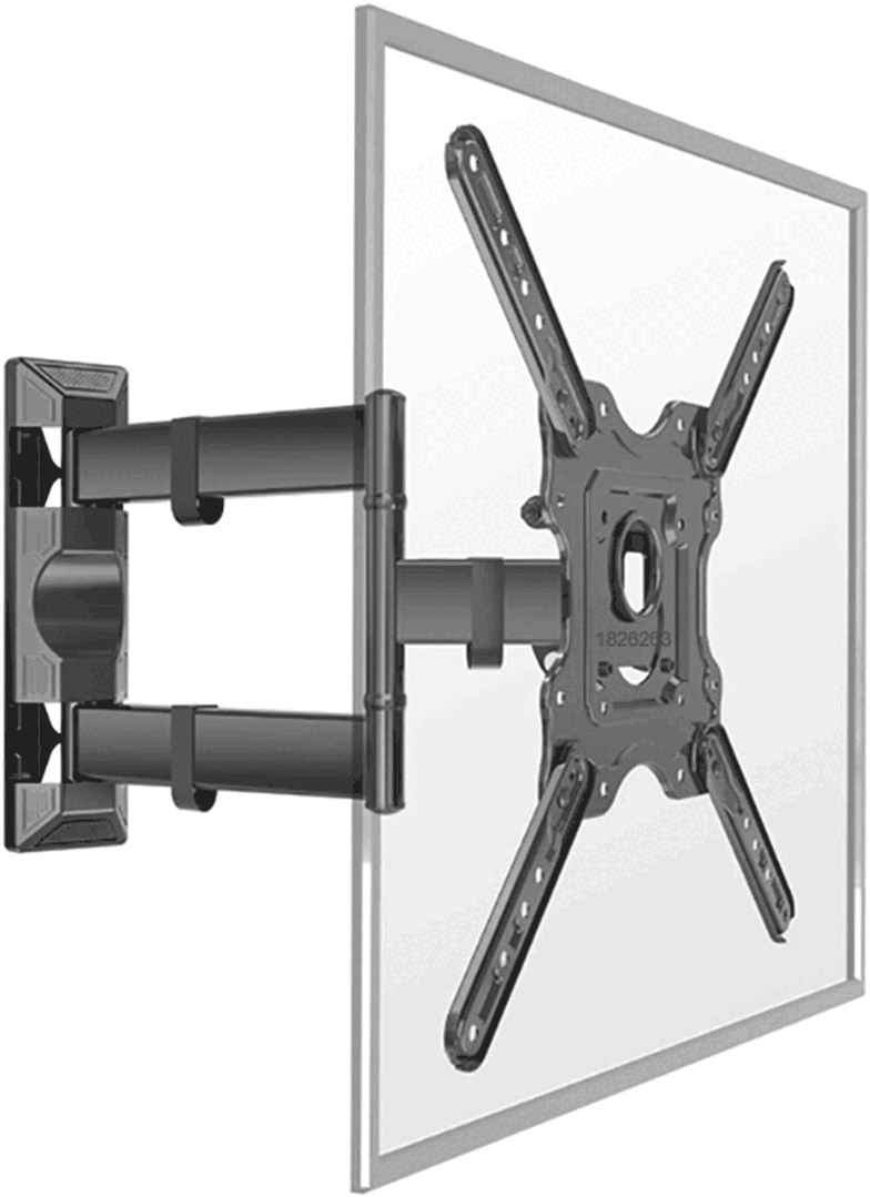 A wall-mounted TV mount with adjustable arms attached to a flat screen panel.