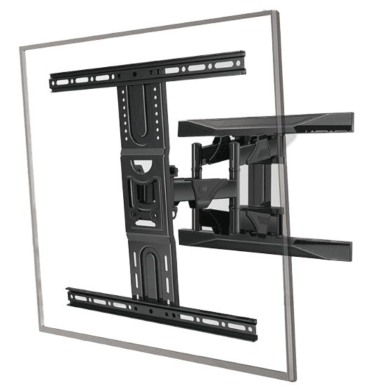 A flat-screen TV mounting bracket with an adjustable arm and a metal wall mount frame.