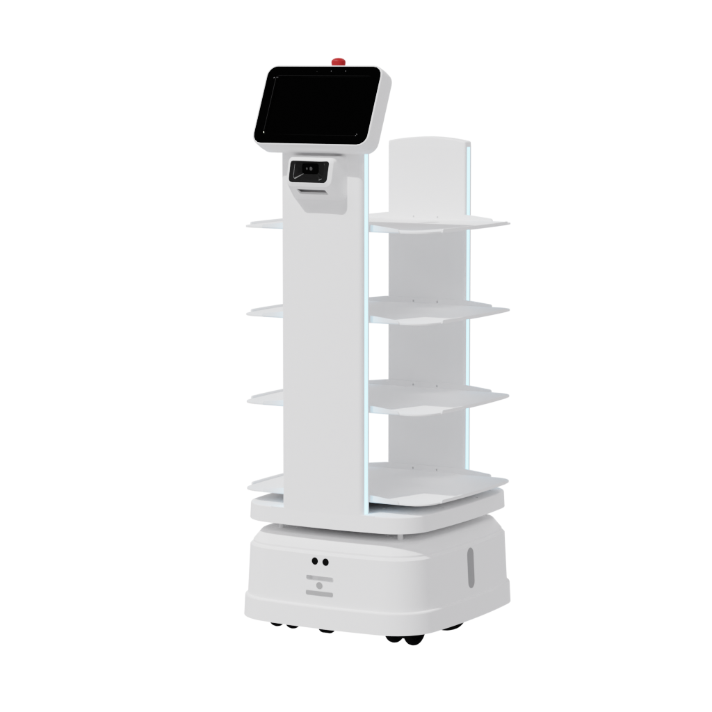 A white autonomous robot with a touchscreen display and shelves, designed for retail or delivery purposes.