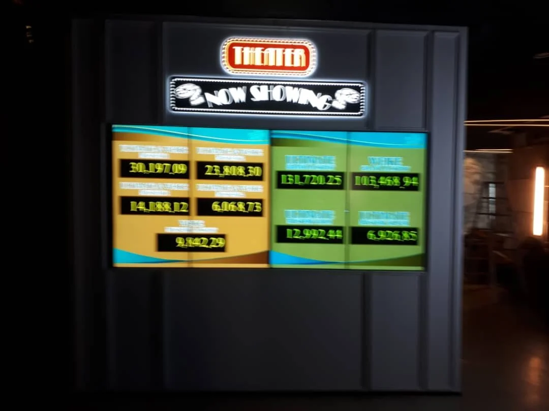 Digital signboard showing movie titles and showtimes at a theater with a billboard that says "Now Showing."