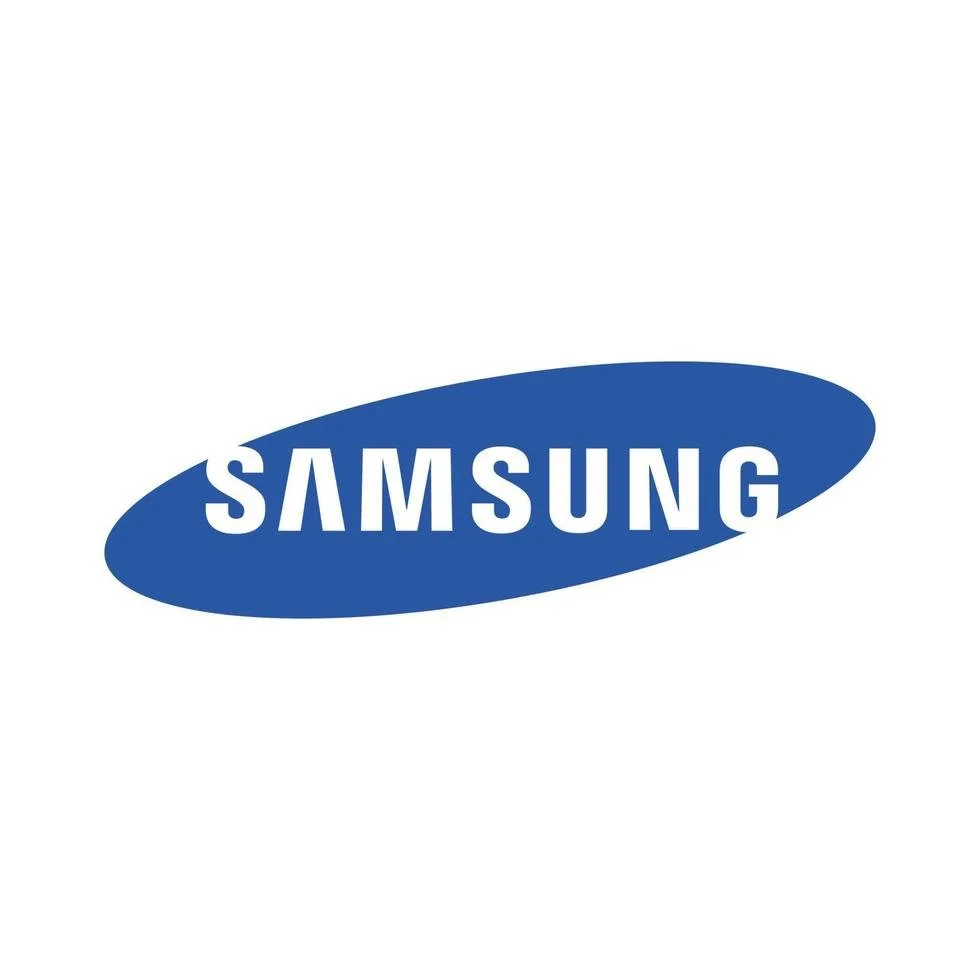 Samsung logo in white text inside a blue elliptical shape on a white background.