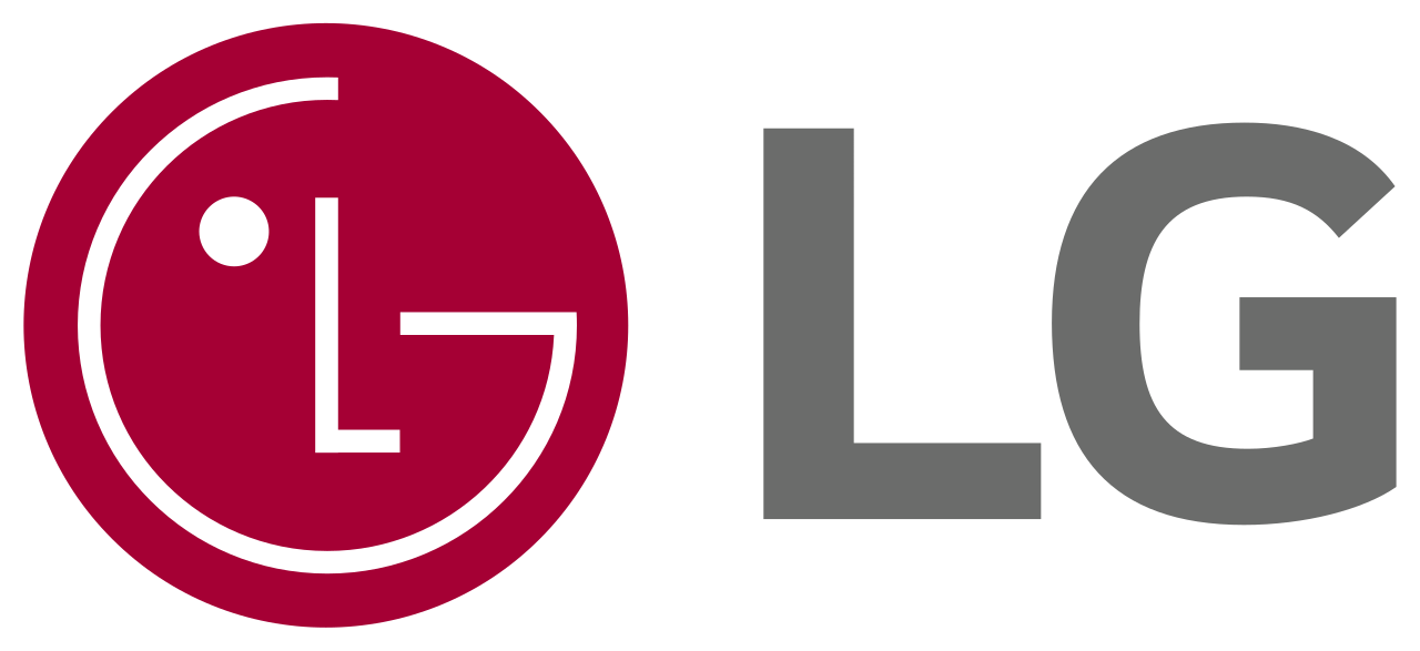 LG logo featuring a maroon circular face with a white stylized face and the company name 'LG' in gray letters.