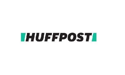 HuffPost logo in black text on a white background with turquoise triangle-like shapes on either side of the text