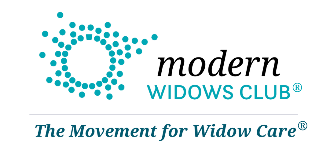 Modern Widows Club Movement for Widow Care logo, with text in shades of dark and light teal and a graphic made of small dots creating a circle