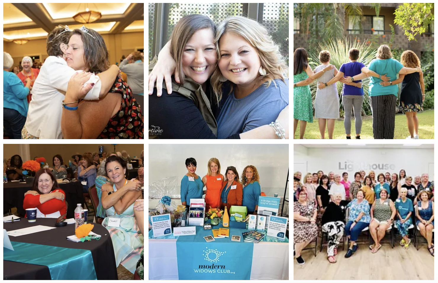 Six square images of Modern Widows Club members at different events, including the MWC team standing at a table, two women hugging, and five women with their arms wrapped around each other facing away from the camera