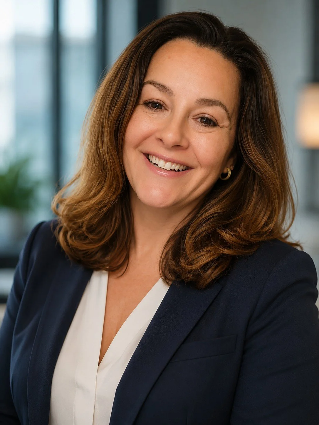 Board Member Christina Randolph has shoulder-length brown hair, dark eyes, a navy suit, and is smiling at the camera