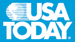 USA Today logo. White text with a globe graphic on a light blue background.