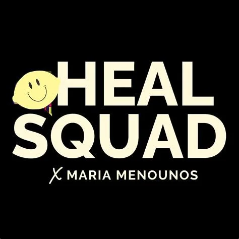 Heal Squad x Maria Menounos podcast logo. The text is a light cream color on a black background and there is a smiley face lemon.