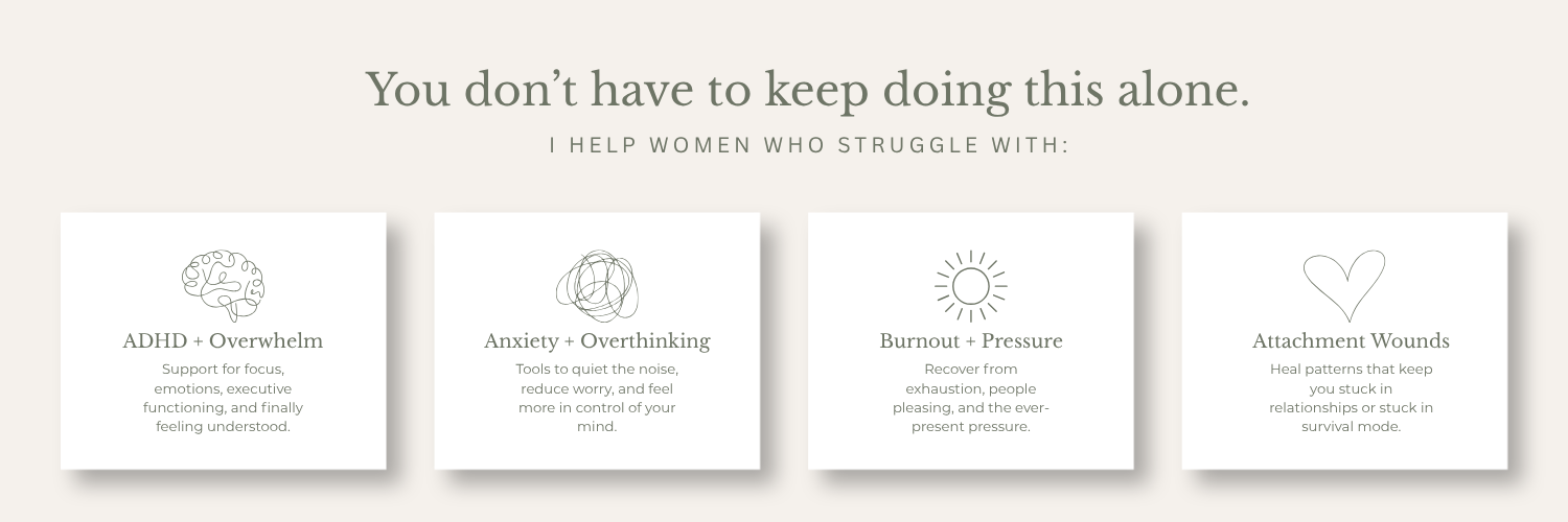 Support for women with ADHD, anxiety, burnout, and attachment wounds through mental health resources.