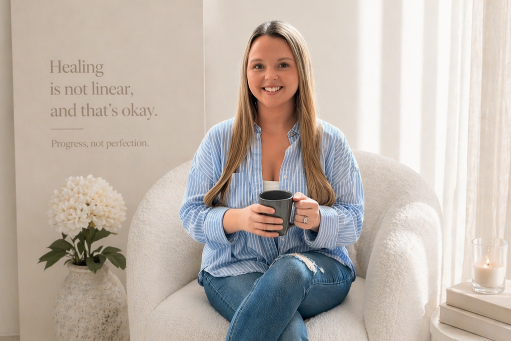 A woman sitting on a cream-colored chair, holding a black mug, smiling, with a white curtain behind her, and a wall with inspirational quote that says, "Healing is not linear, and that's okay. Progress, not perfection." There is a vase with white flowers on a side table and a lit candle on a stack of books.