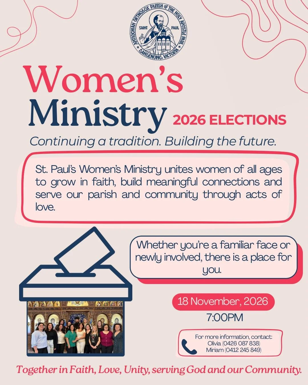 ✨ Continuing a tradition. Building the future. ✨

Our Women’s Ministry elections are coming up, and all women of all ages are warmly invited to join us! 🤍

Through spiritual gatherings, social events, fellowship and community service, we come togeth