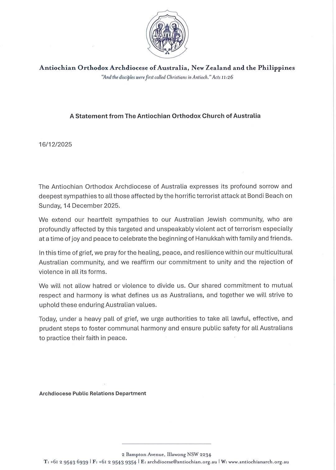 Statement from the Antiochian Orthodox Church of Australia