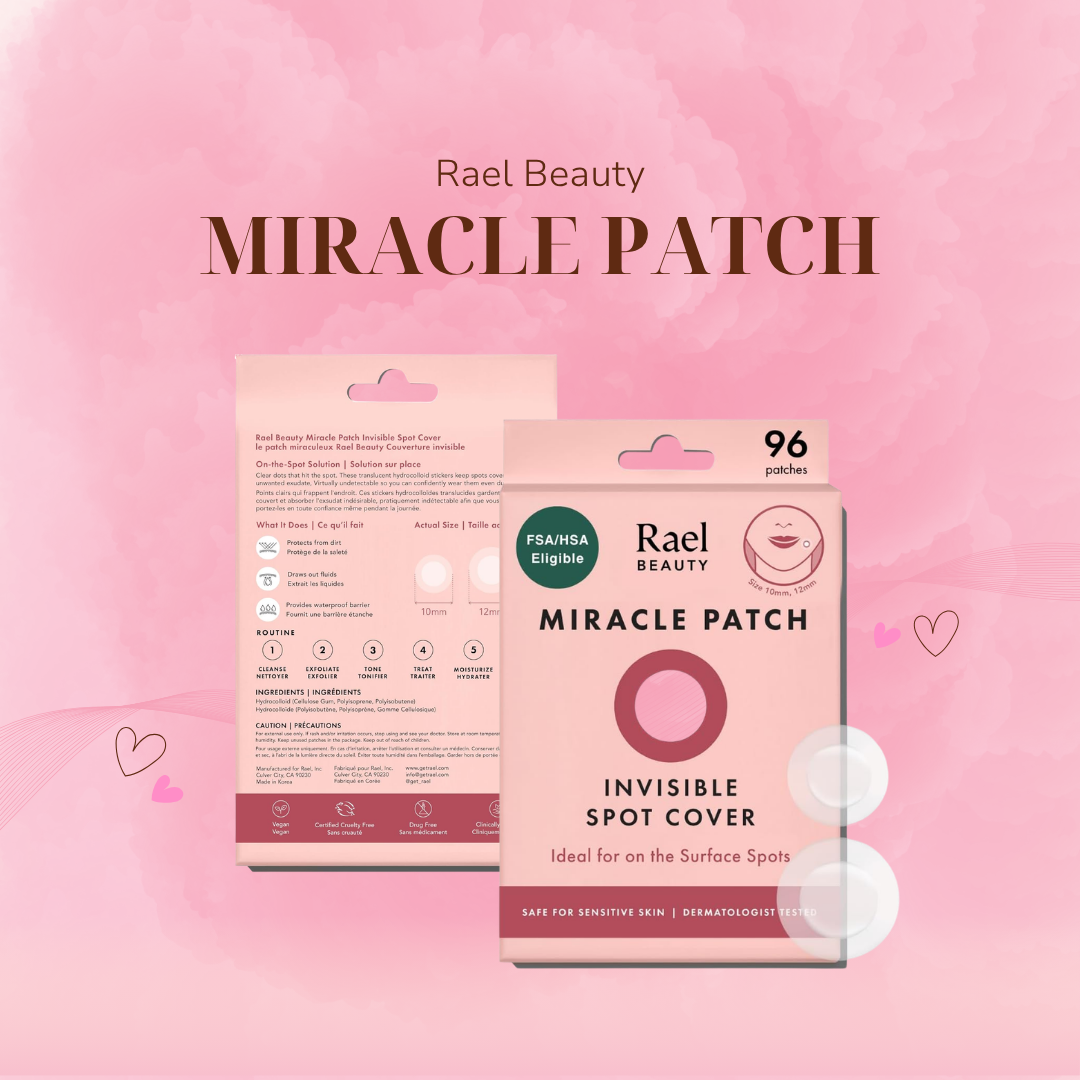 Rael Beauty Miracle Patch packaging with a pink background, showing 96 invisible spot covers for surface spots, including product details and features.