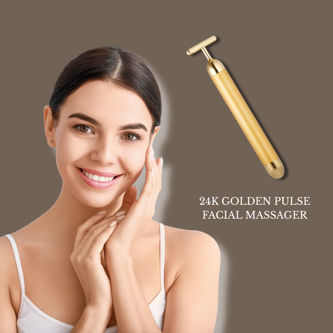 A woman with clear skin touching her face, smiling, with a gold facial massager next to her, labeled as 24K Golden Pulse Facial Massager.