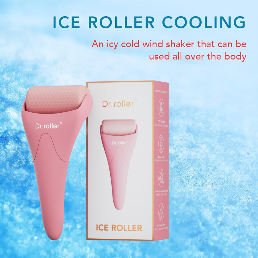 Pink ice roller with a textured surface and packaging box, promoting cooling massage device for body use.