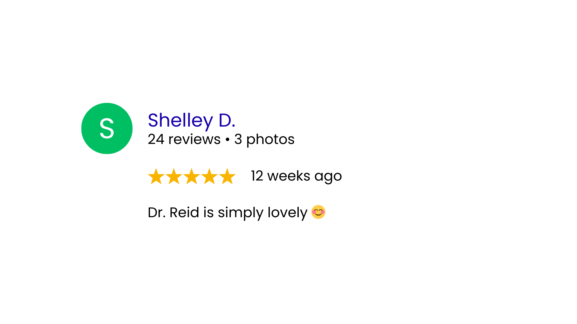 5-star feedback from a Google review highlighting gentle, effective aesthetic care.