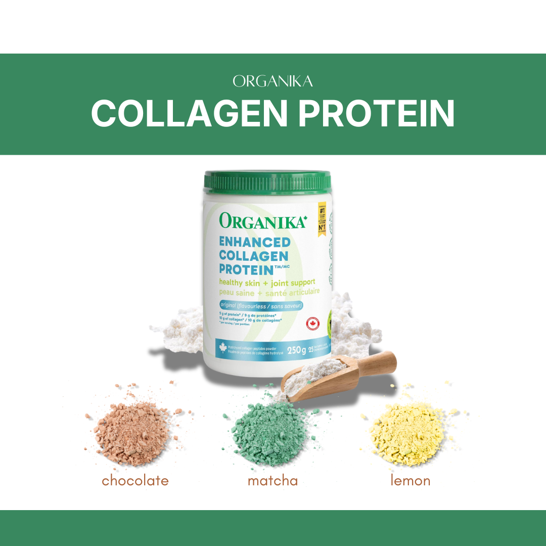 Brand packaging for Organika collagen protein with flavor powders in chocolate, matcha, and lemon, displayed with their respective colored powders and a scoop of collagen powder.