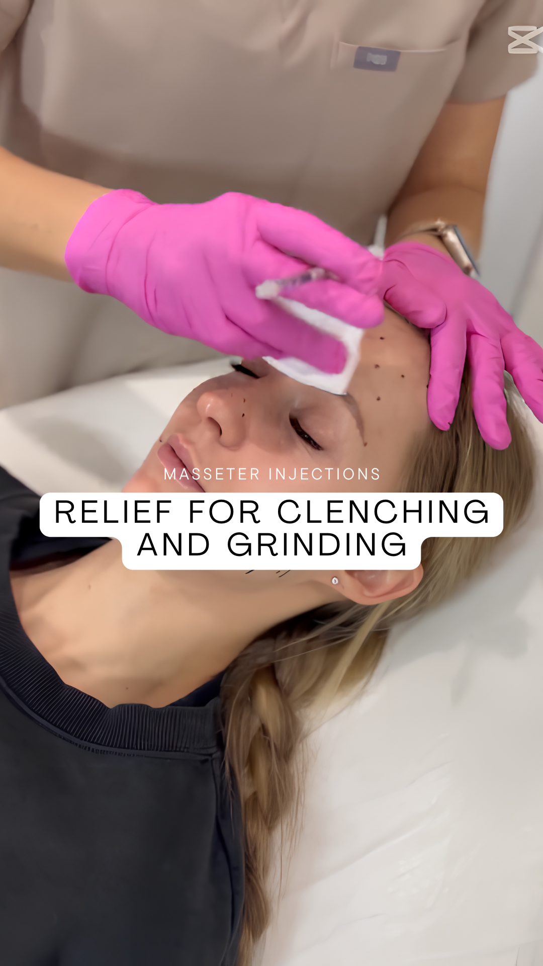 A healthcare professional with pink gloves administering an injection to a woman's eyebrow for comfort and grinding relief.