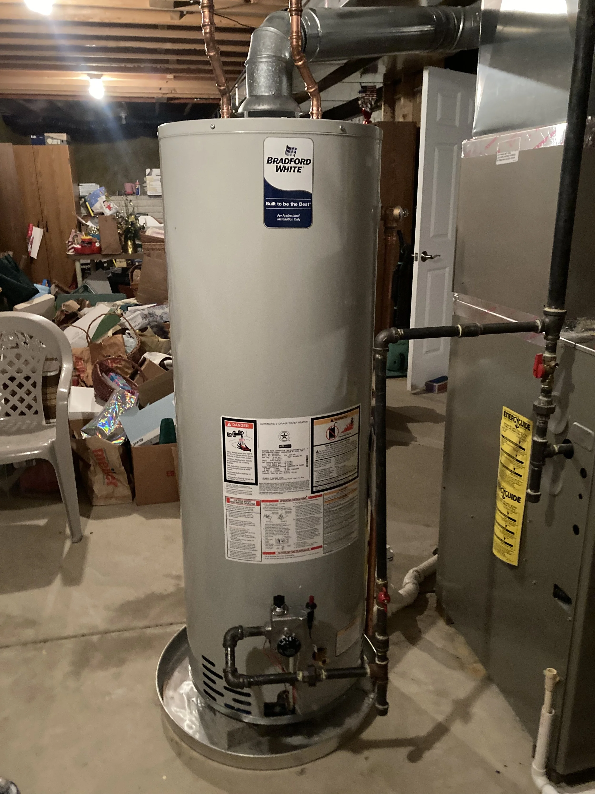 Bradford White gas water heater installation completed by RonJon Plumbing in Central Ohio.