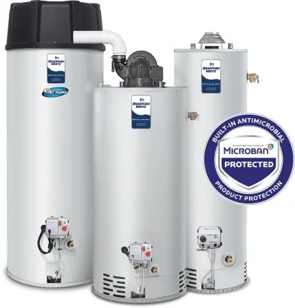 Bradford White water heaters featuring professional-grade construction, high recovery rates, foam insulation, and contractor-installed reliability.