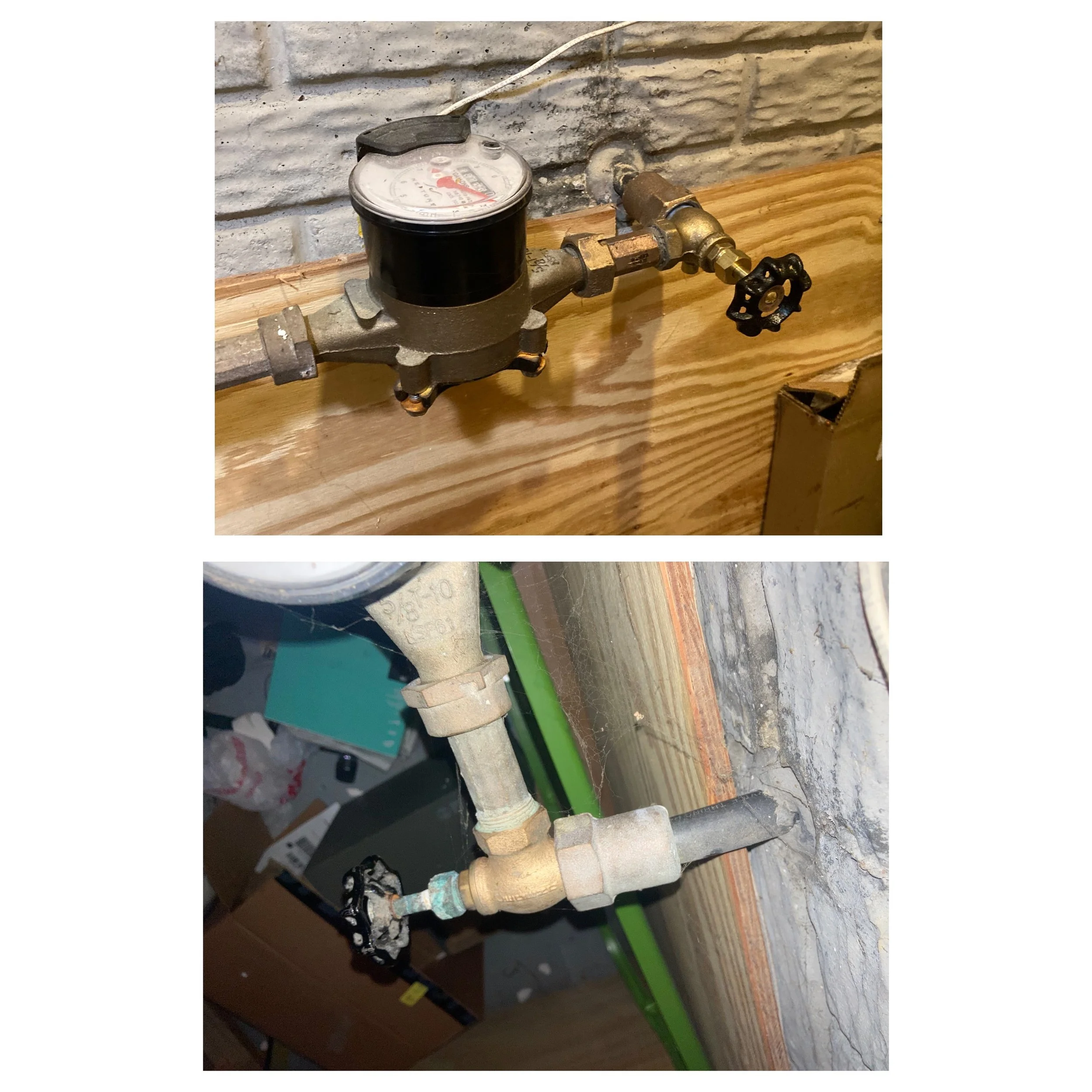 Before and after photo of main water shutoff valve replacement by RonJon Plumbing in Columbus, Ohio — new brass angle stop and copper tie-ins replacing old corroded valve for reliable water control.