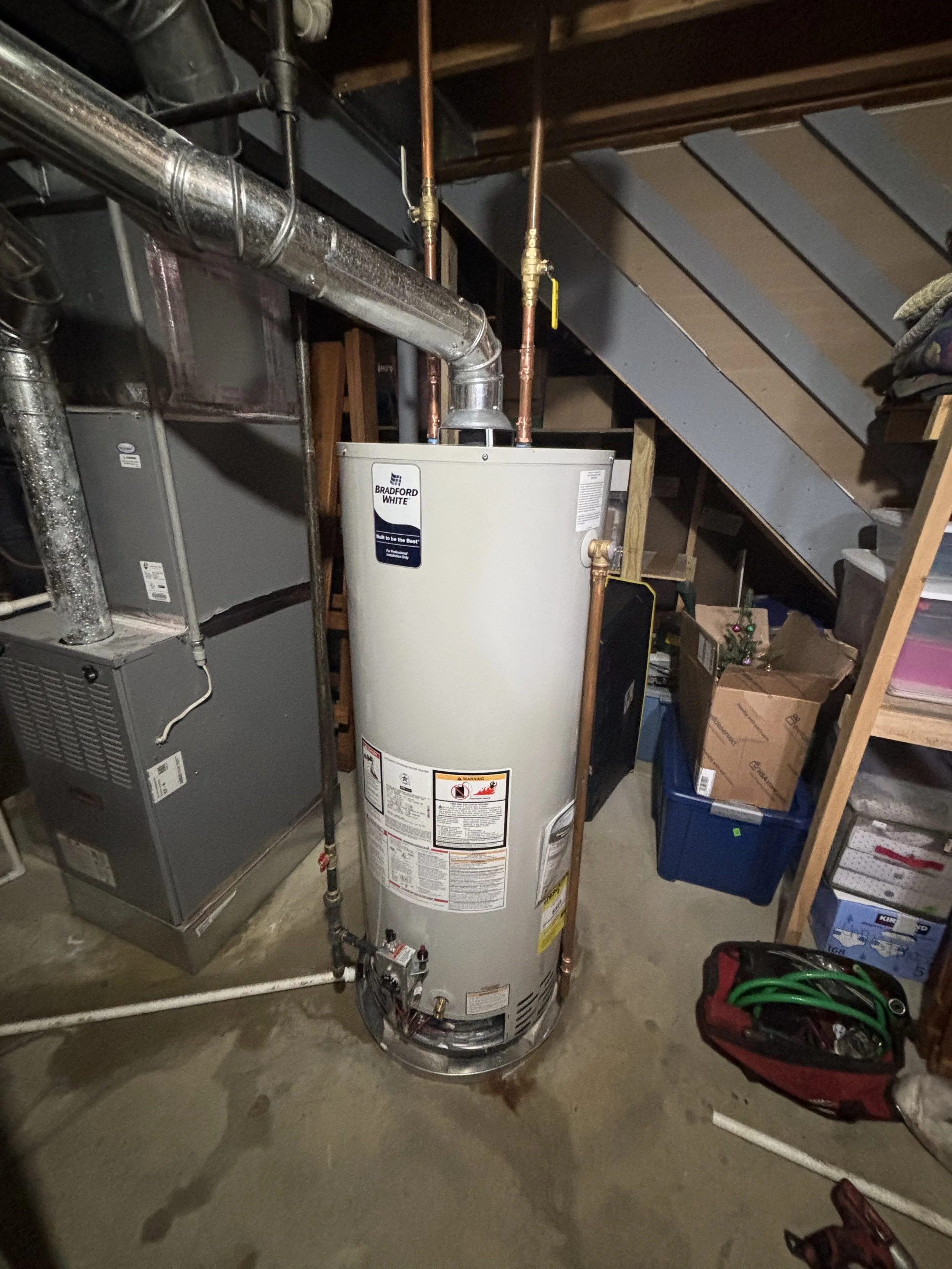 Professional Bradford White water heater replacement installed by RonJon Plumbing in a Central Ohio home.