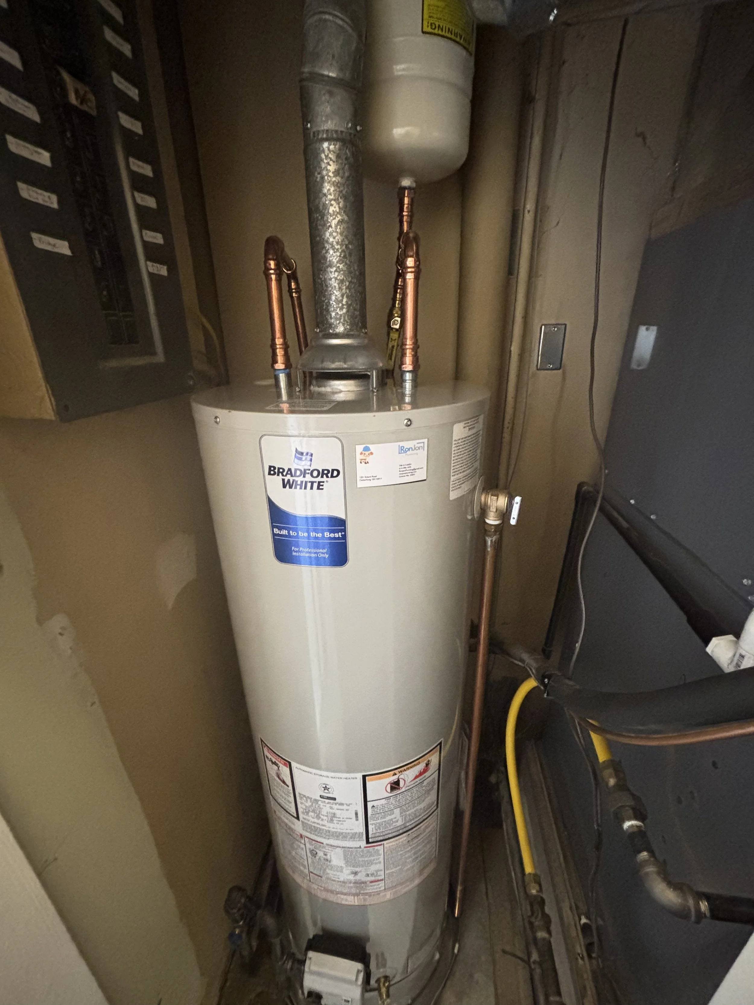 Bradford White water heater installation by RonJon Plumbing in Central Ohio. Professional water heater replacement and installation services.