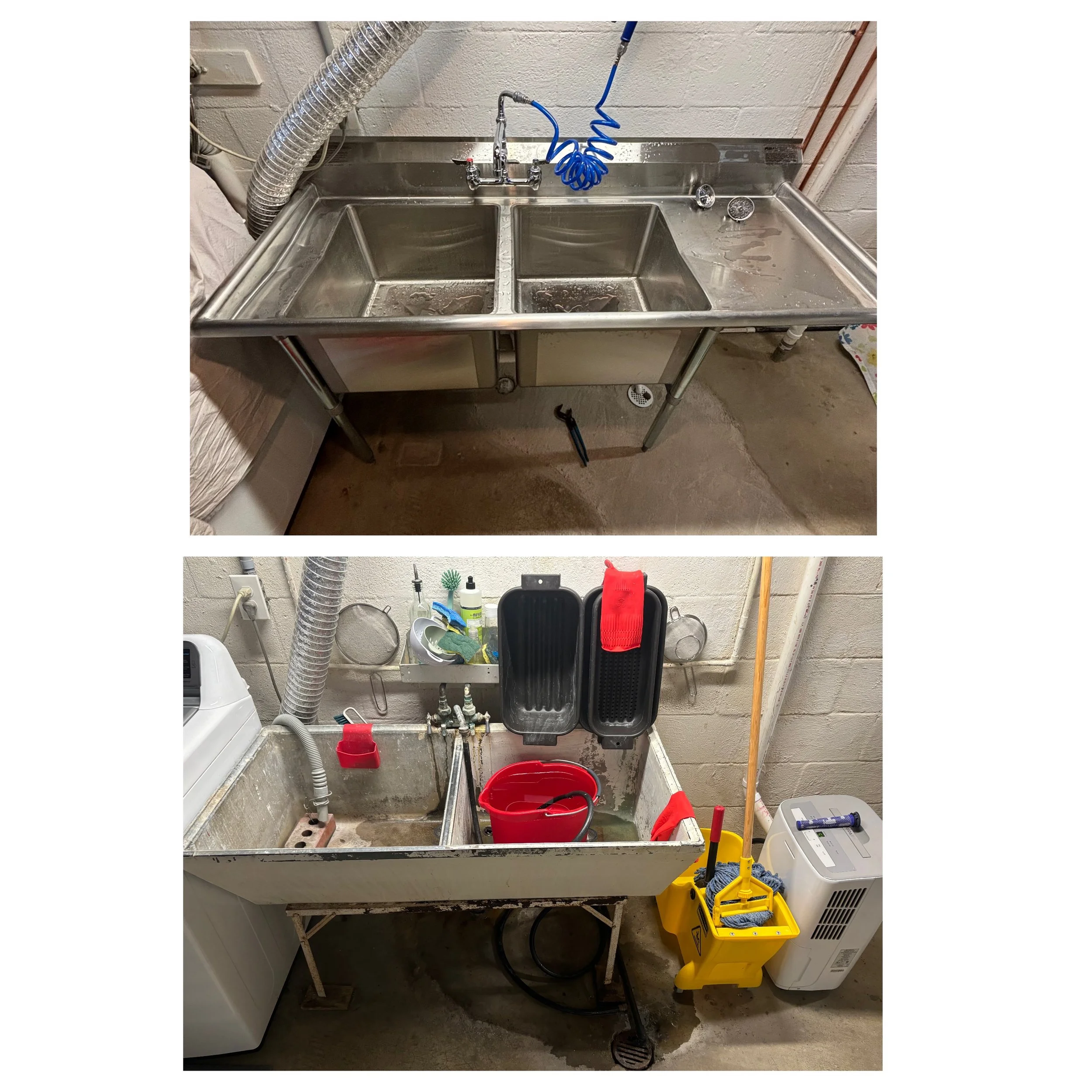 Before and after of a laundry tub replacement by RonJon Plumbing in New Albany, Ohio — upgraded from an old double-bowl tub to a commercial-grade stainless steel sink and faucet with new water and drain lines.