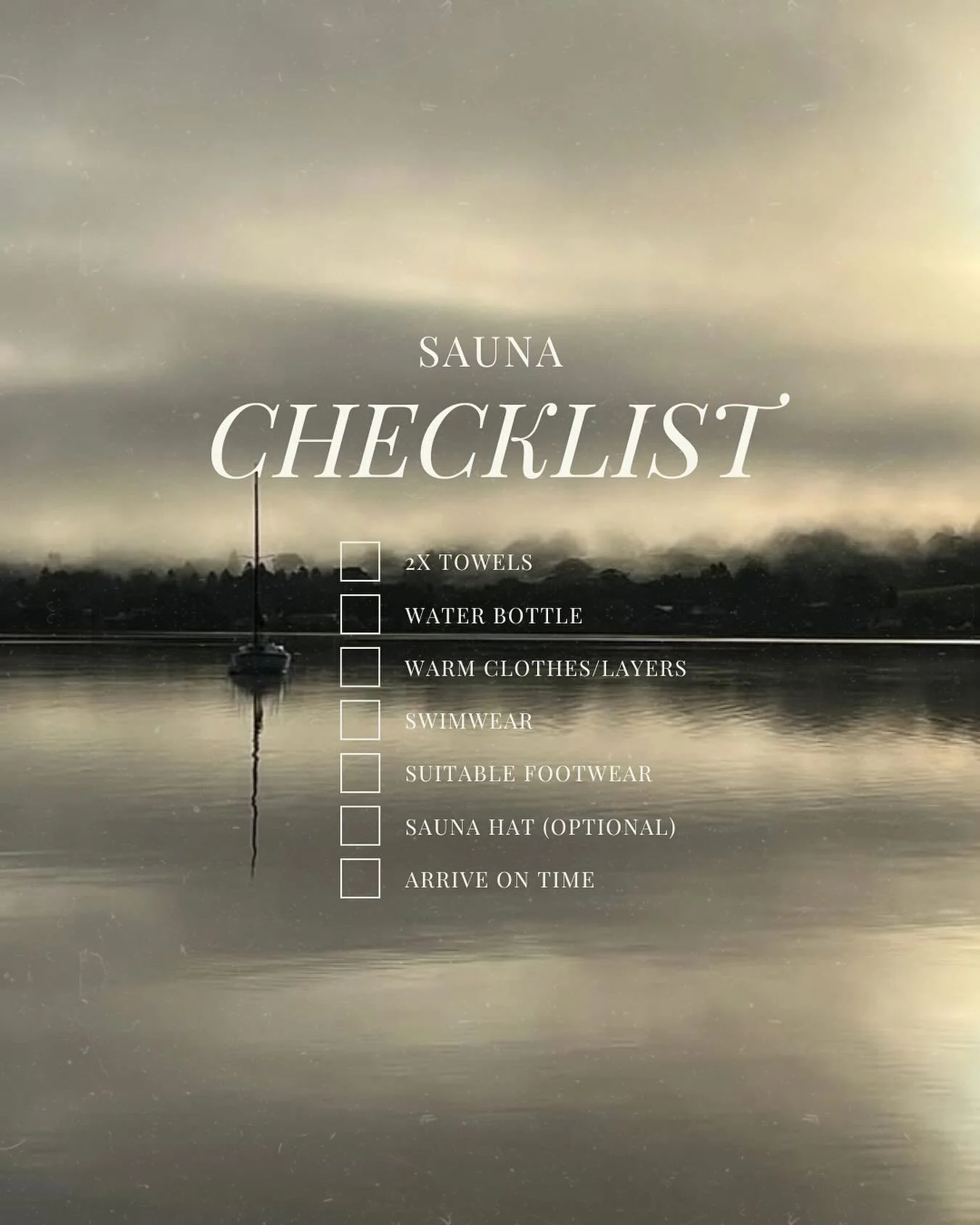 Follow this checklist to make the most out of your sauna session;

🧖🏼&zwj;♀️ Trust us on the towels, one to sit on in the sauna and a fresh one for changing after.

💦 We provide drinking water but arriving hydrated and continuing to hydrate after 