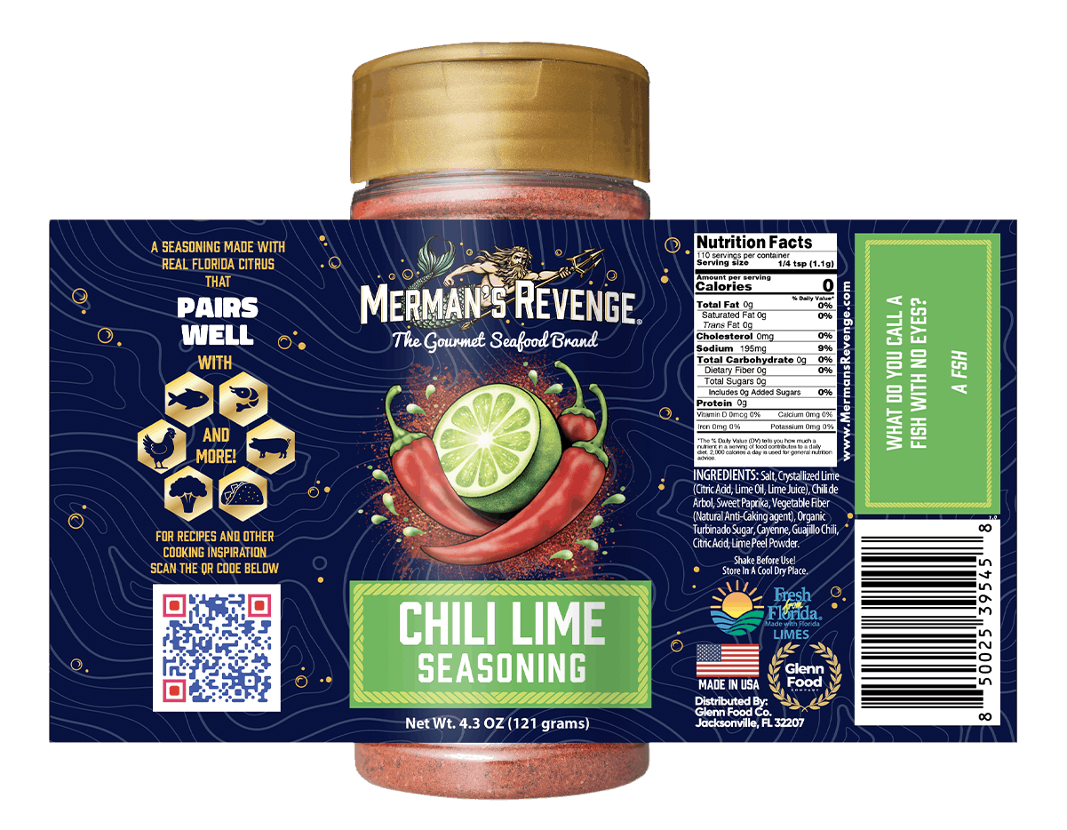 A bottle of Merman's Revenge Chili Lime Seasoning with a blue label featuring lime and chili illustrations, product name, net weight of 4.3 ounces, and QR code, emphasizing its flavor and ingredients.