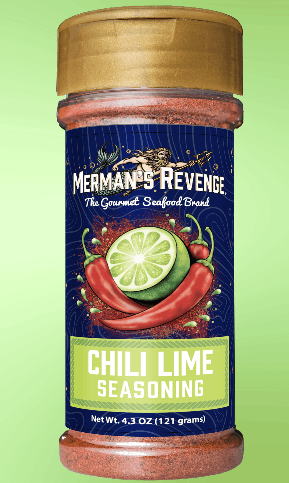 A container of Merman's Revenge Chili Lime Seasoning with a blue label, featuring an illustration of lime and red chili peppers, set against a light green background.