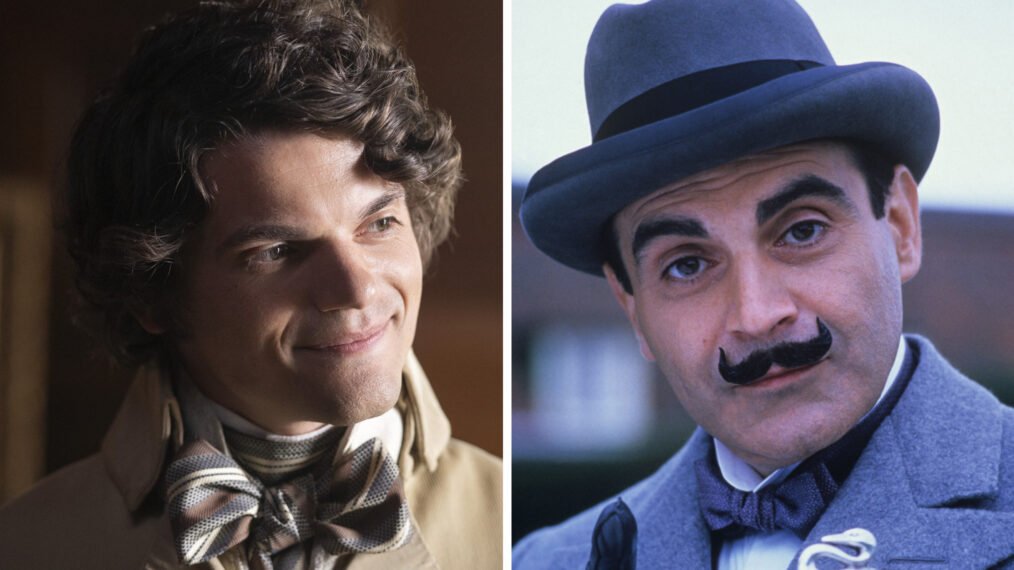 Side-by-side images of two men, one with curly hair and a smile, dressed in historical attire with a bow tie, and the other with a mustache, wearing a gray hat and suit, from a scene in a film.